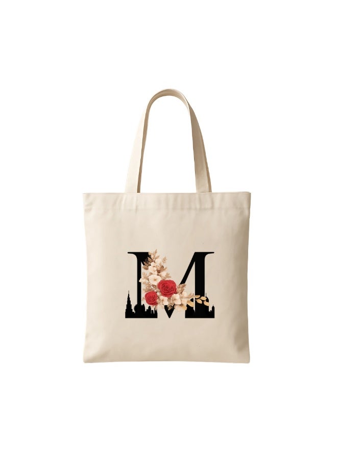 PRINTSHOP4ME Floral Initial Tote Bag A To Z – Cotton Canvas Reusable Tote With Alphabet Print For Grocery, Market And Daily Use - Image 1